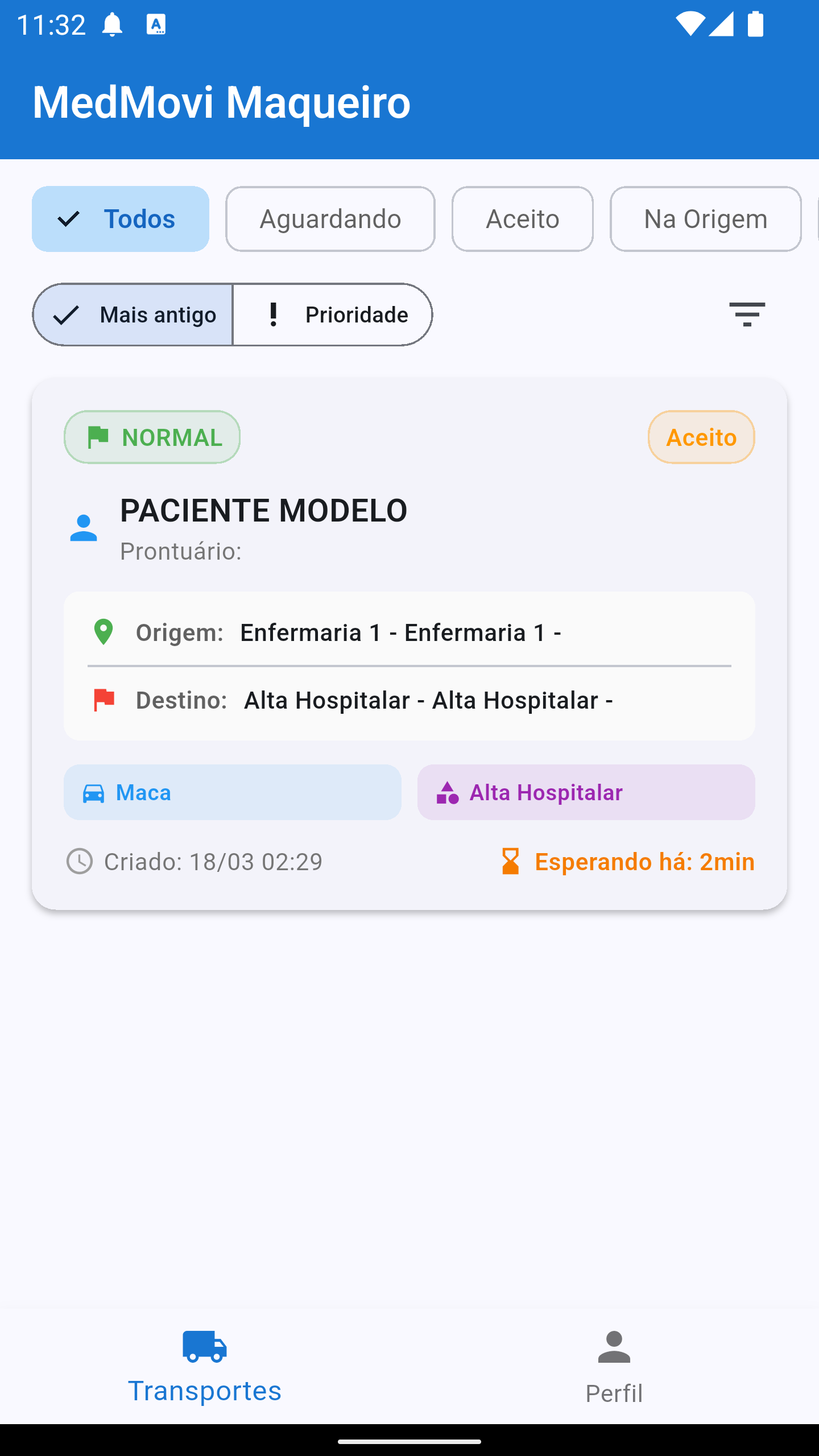 Lista de transportes no app