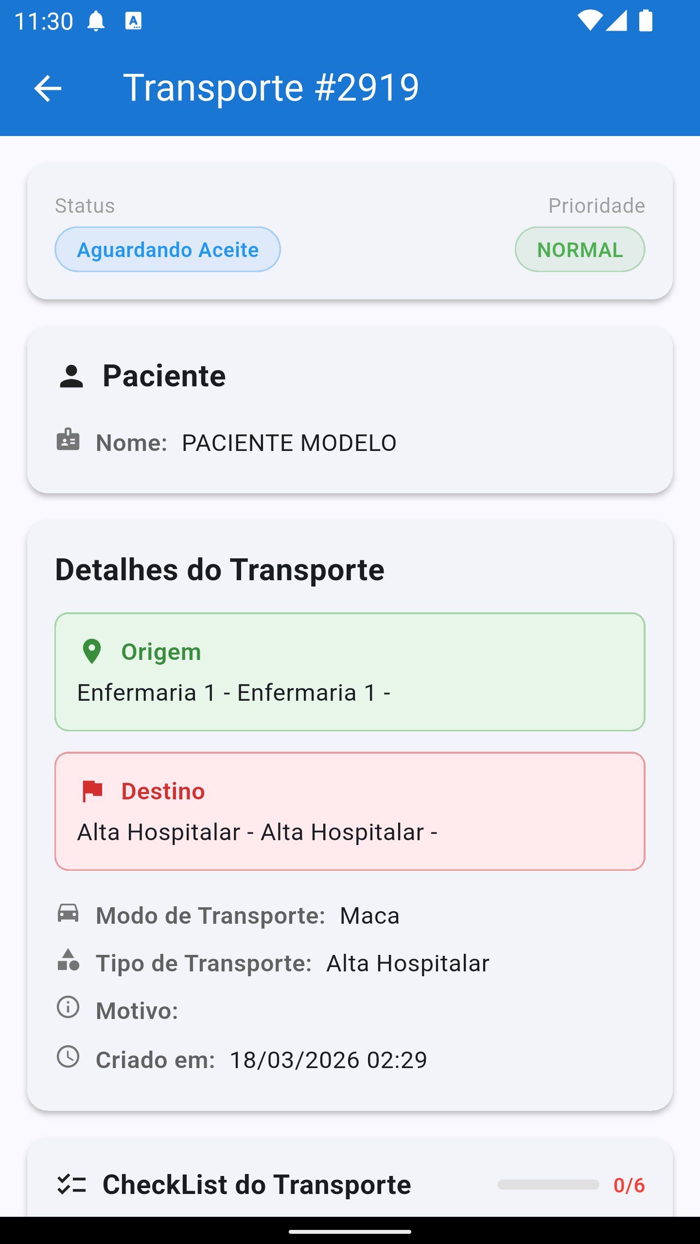 Dados do transporte no app